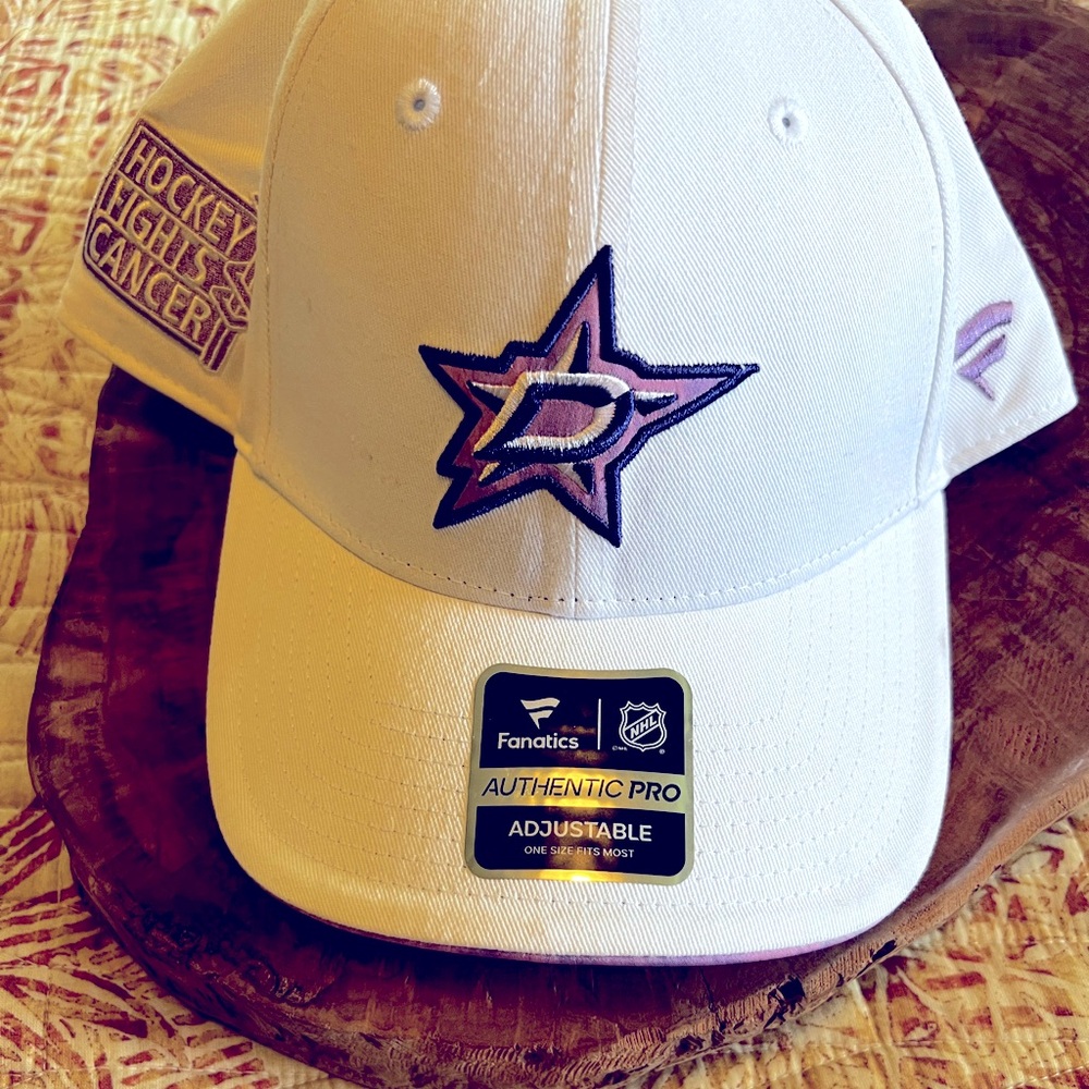 Fanatics NHL White Cap with Purple Star Logo- Hockey Fights Cancer Logo.
